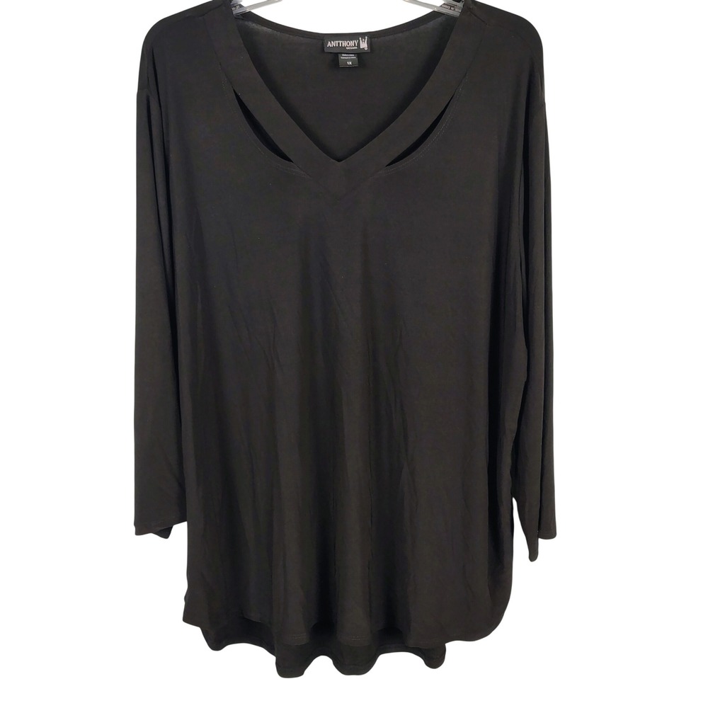 Antthony Womens 1X Cutout V-Neck Top Black Stretch Jersey Gothcore Minimalist
